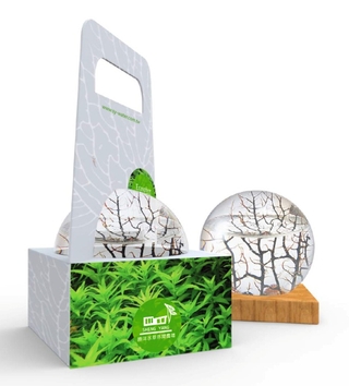 妝點著珊瑚圖騰的生態球手提盒 此包裝設計因考量主體玻璃球，需避免碰撞且有充足陽光照射，採用半開放式的設計，以手提的概念方便拿取，視覺上除珊瑚紋理呈現清透風雅外，亦加入水草作為識別要素。