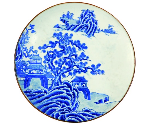 日本　青花山嶽樓閣圖盤