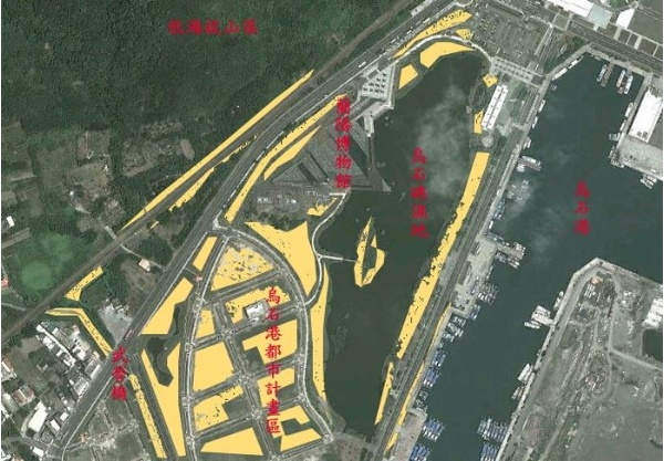 圖1 蘭博周邊灌、草叢棲地類型（黃色色塊的區域）與主要區域的分布位置。修改自GOOGLE地圖