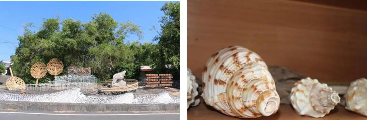 左：圖4：大坑罟牽罟裝置藝術,2020年攝。 / 右：圖5：白法螺製成的螺號,2020年攝。