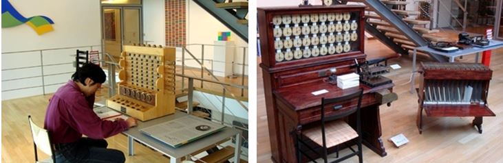 左：供遊客自行操作的加法器附一本操作手冊(桌面右側附有發明人生平介紹面板) / 右：早期的打卡式電腦