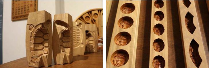 圖6：五片印模為一組的糖龜印/樟木,2020年攝(左) / 圖7：由左至右為綠豆糕印、香糕印及彎糕印/烏心石,2020年攝(右)