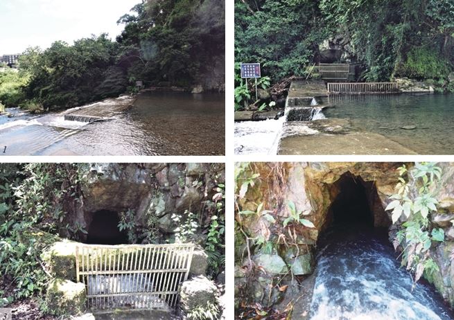 左上：匯合五峰旗、月眉、石盤等瀑布水資源的得子口溪上游流域，正是「李寶興圳」取水源頭。（陳財發提供） / 右上：1970 年代在林尾山麓北端水源頭興築攔砂堤以備儲水。（陳財發提供） / 左下：取水源頭再裝設鐵條閘門，以防垃圾入侵圳道。（陳財發提供） / 右下：墾民就在石公仔山壁鑿洞引水。（陳財發提供）