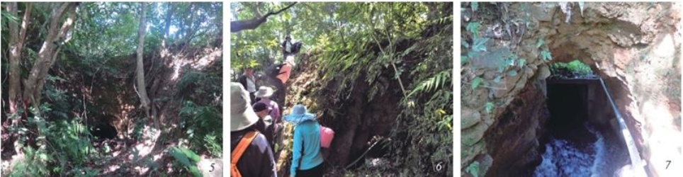 左：從渠首行旅約200 公尺處又要穿過一座小隧道。（陳財發提供） / 中：當年巡水路值勤人員就得攀越這座小山丘。（陳財發提供） / 右：穿透式小隧道長度約20 公尺。（陳財發提供）