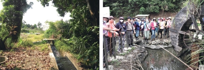 左：全長約1.5 公里的沿山水路至此可以分流灌田了。（陳財發提供） / 右：社區營造的水車地標。（陳財發提供）