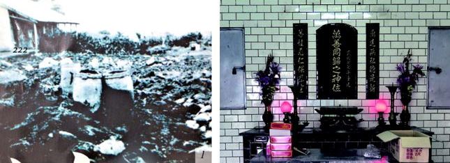 左：校舍初建之際，周遭散置骨灰的金斗甕。（李春榮提供） / 右：「萬善同歸之神位」碑永享七賢國小師生的感恩祭祀。（陳財發提供）