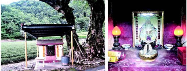 左：座落在冬山鄉太和村太和路十三份坑底的「有應公」廟貌。（陳財發提供） / 右：小林武三郎氏的英靈已昇格為土地公了。（陳財發提供）