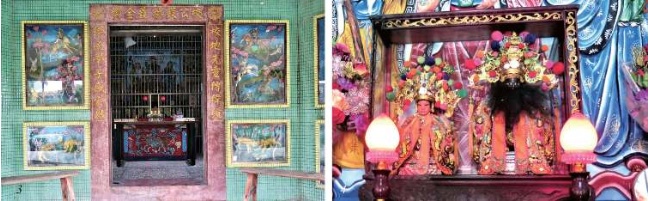 左：正殿門聯：橫批-校公顯赫護全鄉；左聯-校地先靈傳偉績；右聯-鄉民學子感宏恩。（陳財發提供） / 右：奉祀兩尊校地公媽神尊，以示包含男、 女先民骨骸英靈。（陳財發提供）