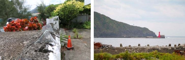 左：南方澳討海文化館圍牆上防禦用的碎玻璃,2020年攝 / 右：南方澳討海文化館北側緊鄰蘇澳商港出海口,2020年攝。