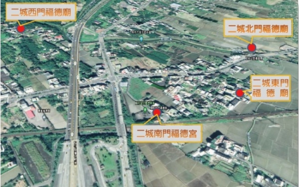 二城里四城門土地廟位置示意圖( 底圖擷取自Google Earth )