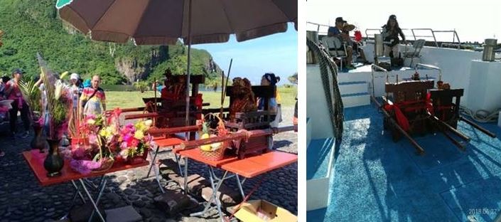 左：拱蘭宮媽祖回鄉設香案  / 右：拱蘭宮媽祖乘船回鄉