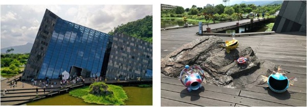 左圖：蘭陽博物館海洋市集活動現場。 / 右圖： 海科館出借的浮球裝置藝術作品。