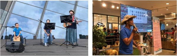左圖：港邊音樂會唱出在地好聲音。/ 右圖：三鮮快閃小講堂講者在餐廳跟大眾分享減塑經驗。
