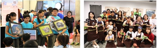 左圖：岳明國小學生以海漂相機的主題做布袋戲演出。/ 右圖：海海游樂趣活動讓親子動手做，食在地友善土地的好食材。