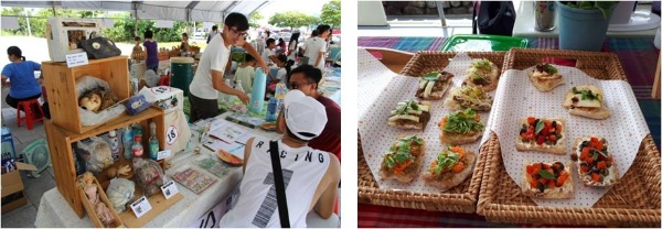 左圖：市集中NGO組織以議題取向和民眾對談。/右圖：無塑的餐點是市集的最大亮點與賣點。