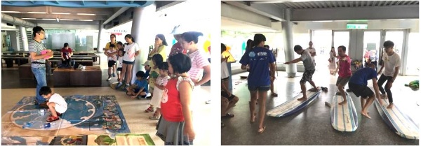 左圖：海洋危機的桌遊體驗，讓大小朋友一起用遊戲來拯救海洋。/ 右圖： 衝浪協會的教練讓民眾在陸上體驗與學習。