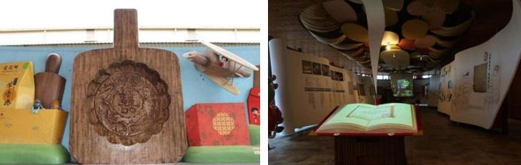 圖2：以工藝師蔡榮興所製餅模復刻的模型,2020年攝(左) / 圖3：宜蘭餅發明館一樓開卷有益故事區,2020年攝(右)