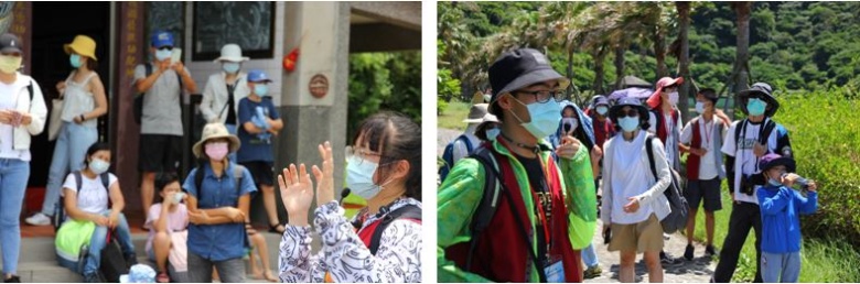 左：導覽員解說龜山島信仰起源故事。 / 右：導覽員介紹龜山島動植物生態。