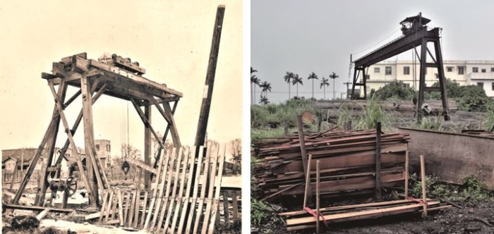 左：製材所必備的「天車」，是昔時羅東城郊的特殊景觀。（宜蘭縣史館典藏） / 右：純原木建構「天車」早已被鋼骨取代了。（陳財發提供）