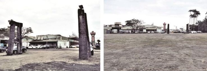 左：建光製材廠「貯木池」被填土後改作停車場。（陳財發提供） / 右：建光製材廠「天車」遺構實況。（陳財發提供）