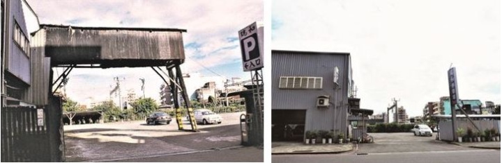 左：瑞和木材行貯木池改為「停車場」後，木造「天車」仍然保留著。（宜蘭縣史館典藏） / 右：停車場營運約五年時光，因車輛進出口問題被拆掉。（陳財發提供）