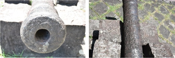 左圖：砲口下方有明顯的鏽蝕 / 右圖：砲身的銘文尚可辨認。