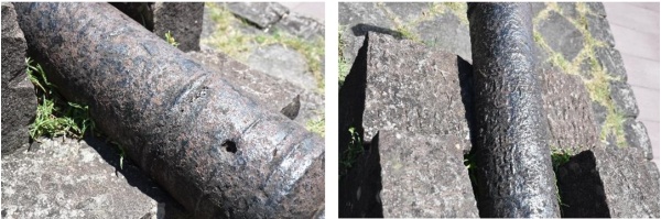 左圖：砲身表面有黑漆的殘留 / 右圖：砲身的銘文尚可辨認。