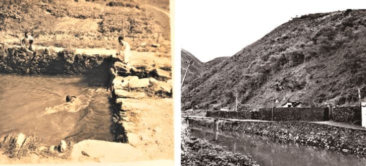 左：深具鄉野趣味的戶外浴場－男浴池。（宜蘭縣史館典藏） / 右：築砌石頭圍牆的戶外浴場－女浴池。（宜蘭縣史館典藏）