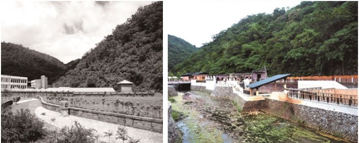 左：1980年代冷泉公園誕生，原汁真味的冷泉溪流不見了。（陳財發提供） / 右：2018（民國107）年公園再現泉水吐泡緩緩流。（陳財發提供）