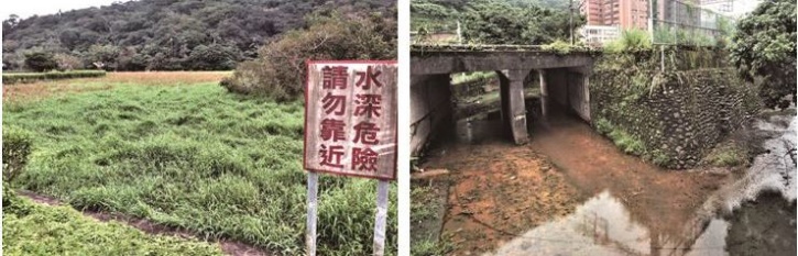 左：這片位於金面山北麓的濕地是阿里史冷泉溪水源之一。（陳財發提供） / 右：溪水穿過鐵路平交道後注入阿里史溪主流。（陳財發提供）