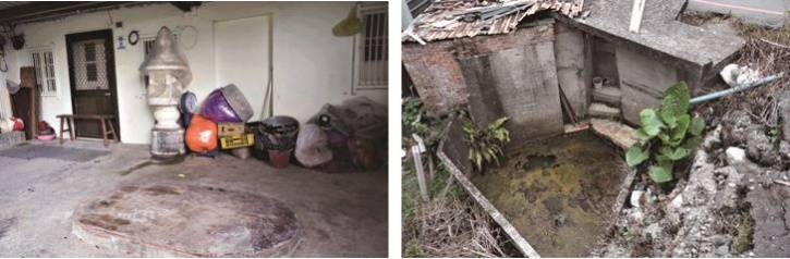 左：新興巷25號宅前封閉一口冷泉古井。 （陳財發提供） / 右：蘇港路與新興巷交會十字路口邊有座被拋荒的古早浴場。（陳財發提供）