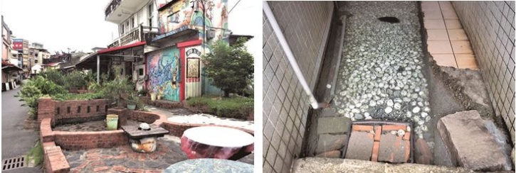 左：位於新興巷68號前的冷泉溪水是製豆腐乳的水源，在地人暱稱「豆腐乳冷泉堀」。（陳財發提供） /右：後經社區總體營造的磚牆綠化外，並保留「豆腐乳冷泉堀」的泉水。（陳財發提供）