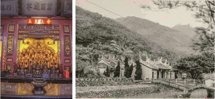 左：草嶺慶雲宮神龕。(張恆瑞攝) / 右：草嶺慶雲宮舊照(宜蘭縣史館提供)