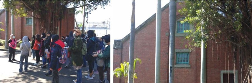 左：導覽老師詳細的介紹園區歷史與特色 / 右：牆面可見美軍轟炸的彈孔