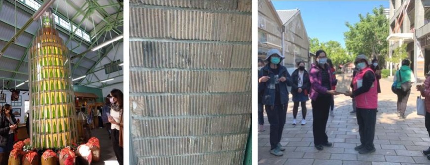 左：販售處內的酒造型裝飾 / 中：牆面為很有特色的溝面磚 / 右：邱組長致贈導覽老師禮物(邱衣榕攝影)