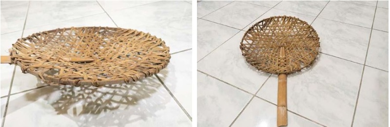 左：魚寮內煮魚用工具魚篩 / 右：魚寮內煮魚用工具──採用竹編製的魚篩