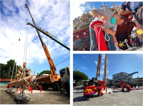 天香豎立後，現場工作人員開始調整角度讓天香挺直、不歪斜，己文堂老闆們確認後便開始搭起外觀鷹架方便往後製作，完工後現場氣氛才變得輕鬆。