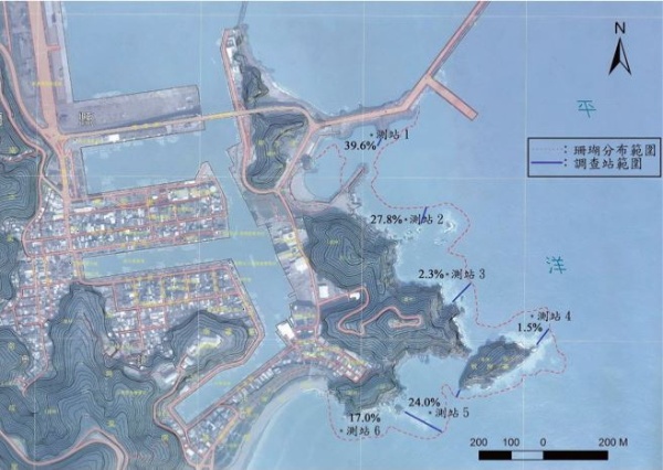 南方澳周邊海域的珊瑚分布範圍及其平均覆蓋率，建議將測站1至測站2間的豆腐岬澳及測站5的賊仔澳劃設為珊瑚保育區