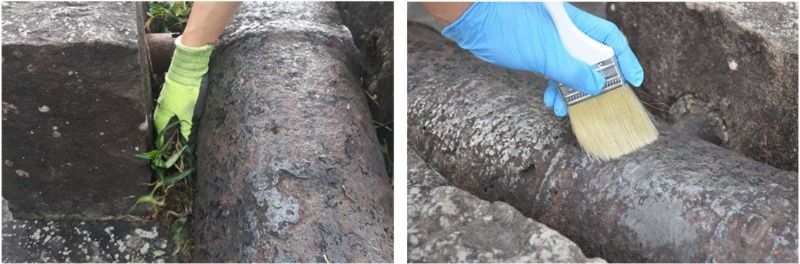 左:砲管與砲座間的雜草移除 / 右: 表面基本除塵。