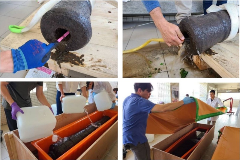 左上:清洗砲口內部 / 右上:使用水柱清洗排出內部堵塞物 /左下: 古砲放置於浸泡槽內並倒入鹼液進行浸泡 /右下: 覆蓋帆布以確保浸泡環境穩定。