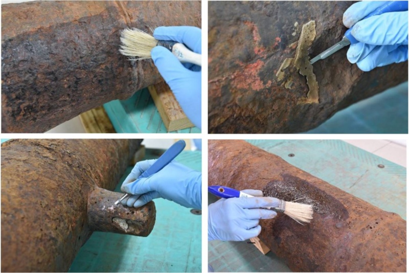 左上:北砲管砲耳處使用手術刀仔細剔除殘留混凝土 /右上: 南砲管使用手術刀剔除舊有的黏著劑 /左下: 砲管使用毛刷均勻塗佈保護層 / 右下: 砲管使用毛刷均勻塗佈保護層。