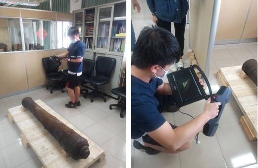 左圖：古砲管3D數位建置 / 右圖：古砲管3D數位建模。