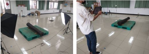 左圖；古砲管3D拍攝作業 / 右圖：古砲管3D數位建模。