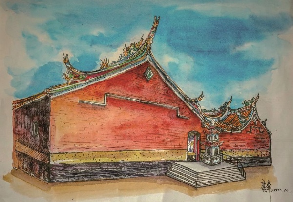 民國70年左右，慶元宮簡潔優雅的側面，本圖根據林錫坤、游錫財兩人之回憶繪製( 邱憲章繪)。