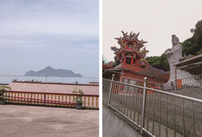 左：拱蘭宮前眺望龜山島 。( 張恆瑞攝) / 右：拱蘭宮旁巨型立式媽祖石雕神像 。( 張恆瑞攝)