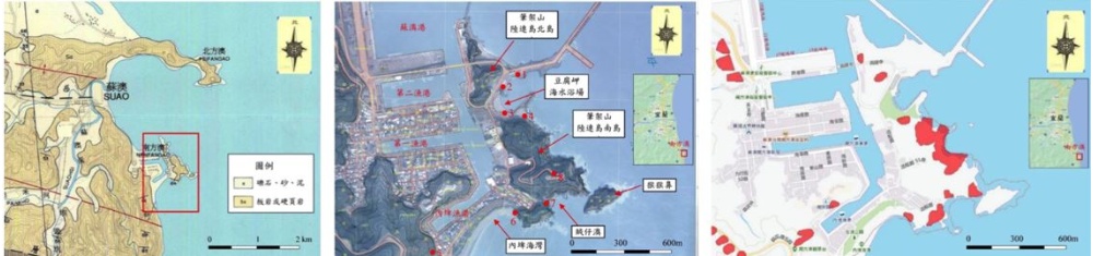 圖1/左：蘇澳附近一帶的地質圖。紅色方框為本研究區域。(林啟文與高銘健，1997)。 / 中：南方澳主要地理景觀位置(底圖為Google Earth, 2021)。編號1~8為測量點位置。 / 右：南方澳山崩與地滑地質敏感區(紅色區塊)(中央地質調查所，2021)。
