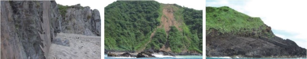左：各地區地質災害潛勢：內埤海岸南側-落石。 / 中：陸連島東側-岩屑崩滑。 / 右：猴猴鼻外側-岩體滑動。