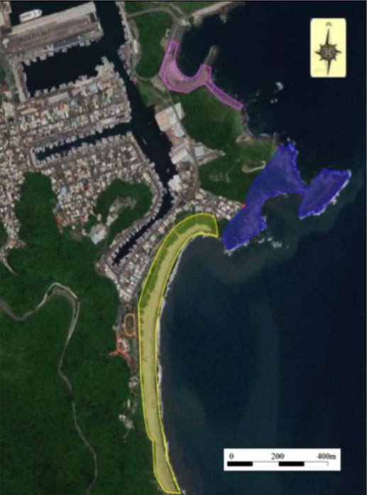 豆腐岬地理教學區(粉紅色)、賊仔澳地質探索區(淺藍色)和內埤海岸休閒遊憩區(淺黃色)等3個區域規劃位置圖。