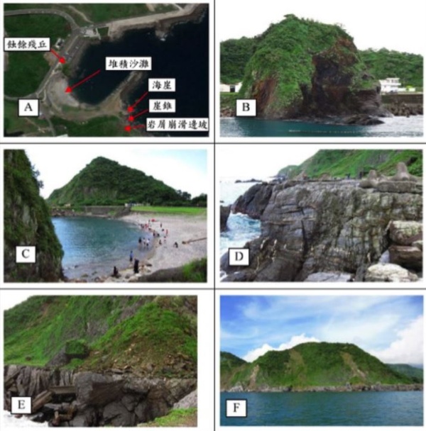 豆腐岬主要景觀：A.景觀位置點、B.蝕餘殘丘、C.堆積沙灘、D.海崖、E.崖錐、F.岩屑崩滑邊坡。
