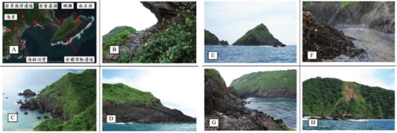 賊仔澳主要景觀：A.景觀位置點、B.海崖、C.海蝕凹壁、D.岩體滑動邊坡、E.孤立岩、F.礫灘、G.岩層露頭、H.岩屑崩滑邊坡。